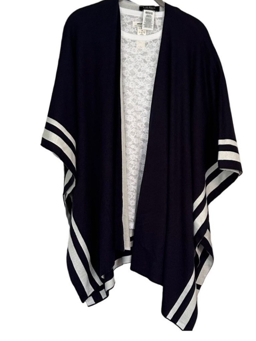 Navy and White Striped Open Cardigan Wrap Poncho Classic Ralph Lauren NWOT